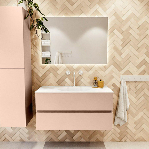 MONDIAZ VICA Ensemble meuble de salle de bains - 100cm - meuble bas rosee - 2 tiroirs - lavabo moon central - 1 trou de robinet - version haute 60cm - talc SW1081120