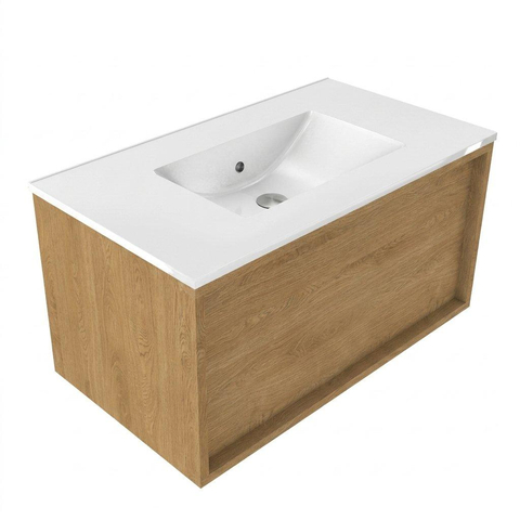Saniclass Holz Frame Meuble de salle de bain - 80x45x40cm - lavabo en céramique blanc - 1 vasque - sans trous de robinet - 1 tiroirs - Chêne Natural SW1437763