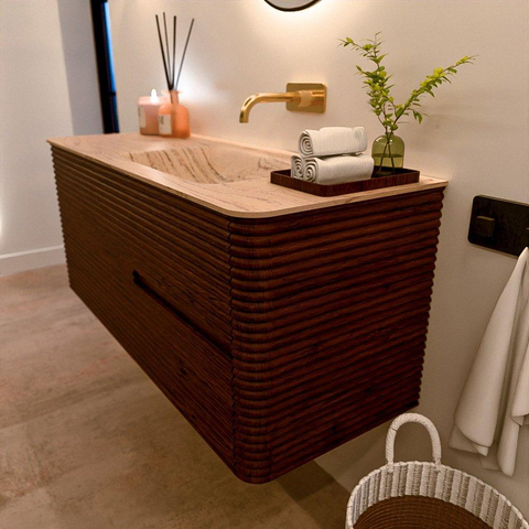 Mondiaz CIRO-DLUX Meuble de salle de bains - 120x45x50cm - Plan vasque solid surface Arena - 1 lavabo à droite - sans trous de robinetterie - 2 tiroirs - Ruby SW1531706