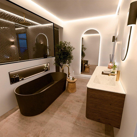Mondiaz CIRO-DLUX Badkamermeubelset - 160x45x50cm - Solid surface wastafel Opalo - 1 wasbak Rechts - 1 kraangat - 4 lades - Dusk SW1532889