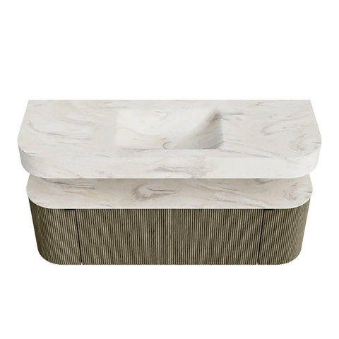 MONDIAZ THOR-DLUX Meuble de salle de bains 140cm arrondi gauche + droite couleur Shadow avec 1 tiroir et 2 portes. Vasque suspendue CLOUD Milieu sans trou de robinet couleur Ostra. SW1464478