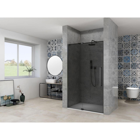 Van Rijn Products ST08 Nis Draaideur - 120x200cm - grijs rookglas - dikte 8mm - 2 delig - muurprofiel - stabilisatiestang - Zwart SW956404