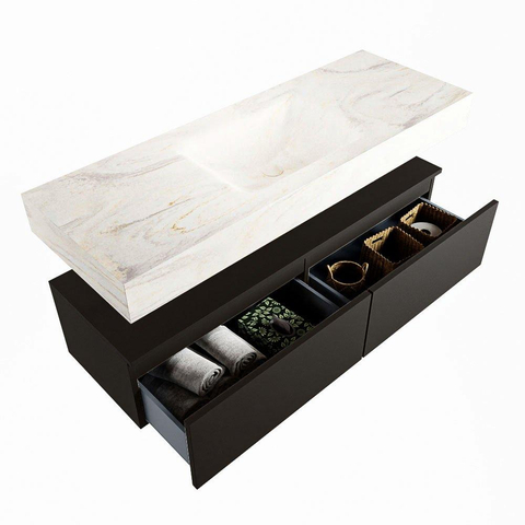 Mondiaz ALAN-DLUX Ensemble de meuble - 130cm - meuble Urban mat - 2 tiroirs - Lavabo Cloud Ostra suspendu - vasque Centre - 0 trous de robinet SW807398