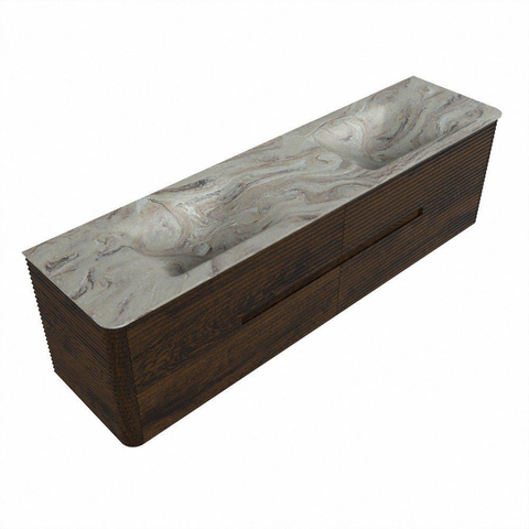 Mondiaz CIRO-DLUX Meuble de salle de bains - 180x45x50cm - Plan-vasque solid surface Glace - 2 bassins Double - 2 trous de robinetterie - 4 tiroirs - Noyer SW1530310