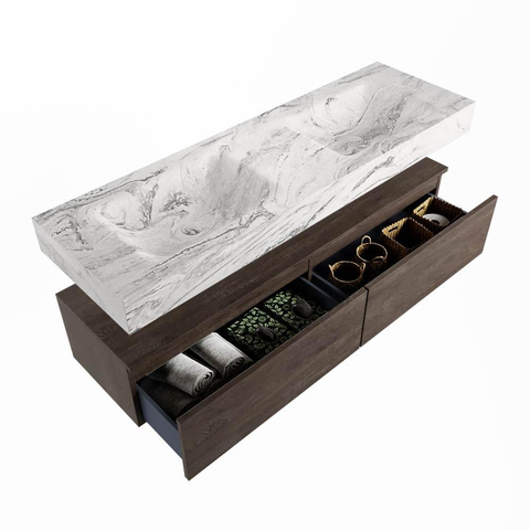 Mondiaz ALAN-DLUX Badkamermeubelset - 150x46cm - 2 lade - vrijhangende wastafel - zonder kraangaten - 2 dubbel - Dark brown (eiken donker) SW1412151