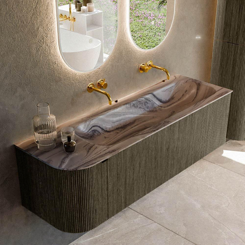 MONDIAZ KURVE-DLUX Meuble de salle de bains 145cm arrondi à gauche couleur Shadow avec 1 tiroir et 1 porte. Lavabo BIG LARGE à droite sans trou de robinet Sombra. SW1433776