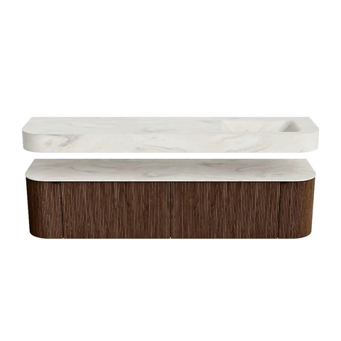 MONDIAZ THOR-DLUX 190cm badmeubel ronding links + rechts kleur Walnut met 2 lades en 2 deuren. Vrijhangende wastafel CLOUD Rechts zonder kraangat kleur Ostra. SW1466433