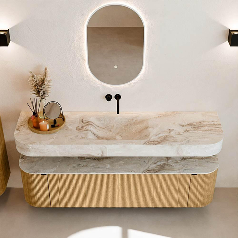 MONDIAZ THOR-DLUX 170cm badmeubel ronding links + rechts kleur Oak met 1 lade en 2 deuren. Vrijhangende wastafel CLOUD Midden zonder kraangat kleur Frappe. SW1465414