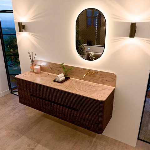 Mondiaz CIRO-DLUX Ensemble de meubles de salle de bains - 160x45x50cm - Plan vasque Solid surface Arena - 1 lavabo à droite - sans trous de robinet - 4 tiroirs - Noyer SW1530443