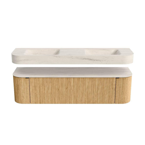 MONDIAZ THOR-DLUX Meuble de salle de bains 170cm arrondi gauche + droite couleur Oak avec 1 tiroir et 2 portes. Vasque suspendue CLOUD Double sans trou de robinet couleur Meli. SW1465824