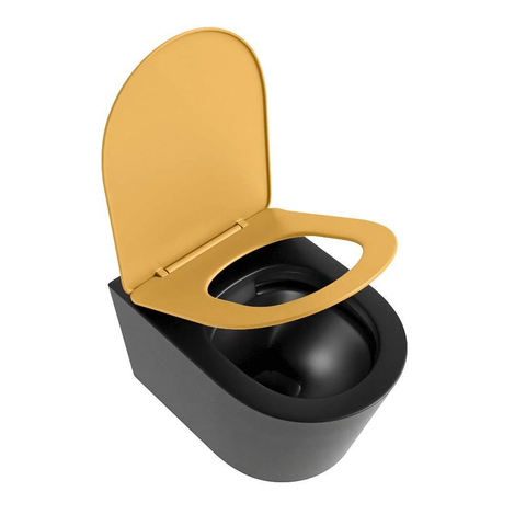 Mondiaz LAVIE hangtoilet – spoelrandloos – 36 x 53 cm – met softclose zitting – Urban (zwart), zitting Ocher (geel) SW1208680