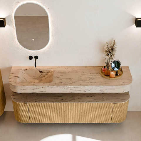MONDIAZ THOR-DLUX Meuble de salle de bains - 170cm - arrondi gauche + droite - couleur Oak - 1 tiroir et 2 portes - Vasque suspendue CLOUD Gauche sans trou de robinet - couleur Arena SW1465784