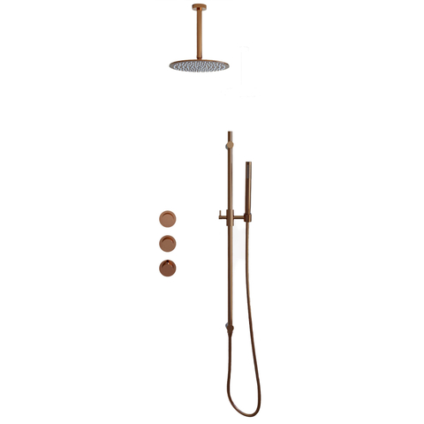 Fortifura Nebbio Ensemble de douche pluie - robinet encastré - élément encastré - barre de douche - flexible de douche en métal - douchette bâton - bras de plafond 20cm - douche de tête 30cm - cuivre brossé PVD SW1447172