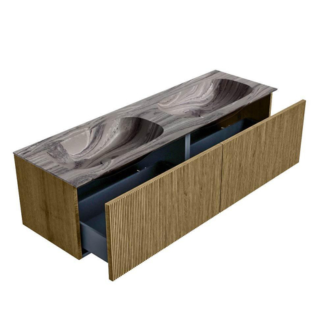 MONDIAZ KURVE-DLUX Meuble de salle de bains 150 cm couleur Dusk avec 2 tiroirs et 0 portes. Lavabo STOR SMALL Double sans trou de robinet Sombra. SW1433908