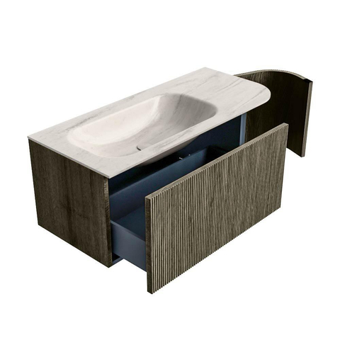 MONDIAZ KURVE-DLUX Meuble de salle de bains 105cm arrondi à droite couleur Shadow avec 1 tiroir et 1 porte. Lavabo BIG SMALL gauche 1 trou de robinet Meli. SW1431798
