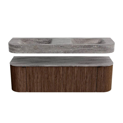 MONDIAZ THOR-DLUX 150cm meuble de salle de bains arrondi gauche + droite couleur Walnut avec 1 tiroir et 2 portes. Vasque suspendue CLOUD Double 2 trous de robinet couleur Oza. SW1464859