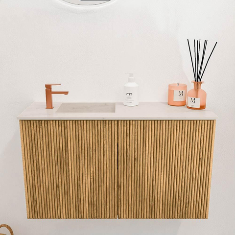 Mondiaz JOYA-DLUX 70cm toiletmeubel - kleur Oak - Wastafel FAYE positie Links 1 kraangat kleur Meli. SW1423916