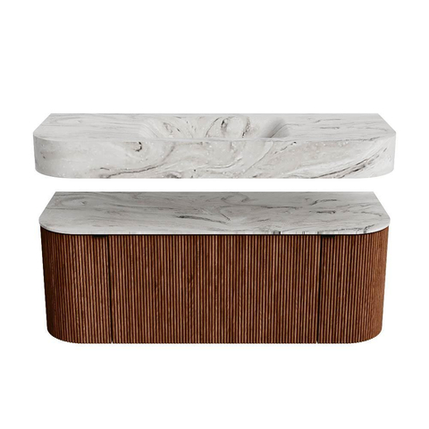 MONDIAZ THOR-DLUX 120cm meuble de salle de bains arrondi gauche + droite couleur Ruby avec 1 tiroir et 2 portes. Vasque suspendue CLOUD Milieu sans trou de robinet couleur Glace. SW1463158