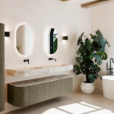 MONDIAZ THOR-DLUX 170cm meuble de salle de bains arrondi gauche + droite couleur Shadow avec 1 tiroir et 2 portes. Vasque suspendue CLOUD Double sans trou de robinet couleur Frappe. SW1465504