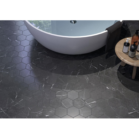 ÉCHANTILLON Terravito Jorina carreau mural et de sol - 15x17cm - 9mm - Hexagone - Effet marbre - Noir mat SW735641