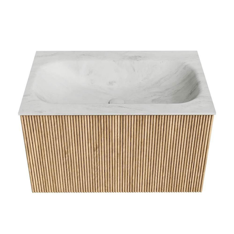 MONDIAZ KURVE-DLUX Meuble de salle de bains 70 cm couleur chêne avec 1 tiroir. Lavabo BIG SMALL central sans trou de robinet couleur Opalo. SW1137515