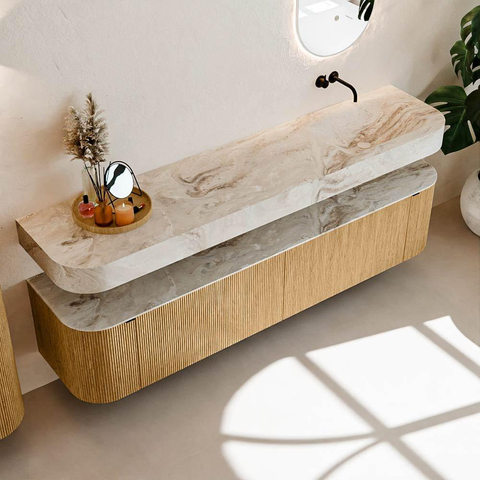 MONDIAZ THOR-DLUX 200cm meuble de salle de bains arrondi gauche + droite couleur Chêne avec 2 tiroirs et 2 portes. Vasque suspendue CLOUD Droite sans trou de robinet couleur Frappe. SW1466944