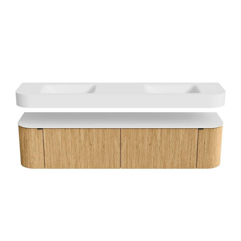 MONDIAZ THOR 190cm meuble de salle de bains arrondi gauche + droite couleur Oak avec 2 tiroirs et 2 portes. Vasque suspendue CLOUD Double sans trou de robinet couleur Talc. SW1466340