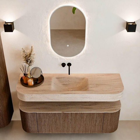MONDIAZ THOR-DLUX 140cm badmeubel ronding links + rechts kleur Walnut met 1 lade en 2 deuren. Vrijhangende wastafel CLOUD Midden zonder kraangat kleur Saba. SW1464304
