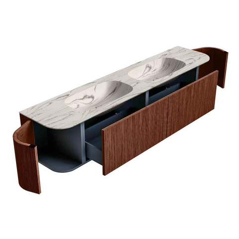 MONDIAZ KURVE-DLUX Meuble de salle de bains 200cm arrondi Gauche + Droite couleur Ruby avec 2 tiroirs et 2 portes. Lavabo STOR SMALL Double 2 trous de robinet Nata. SW1434038
