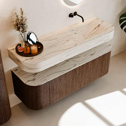 MONDIAZ THOR-DLUX 140cm meuble de salle de bains arrondi gauche + droite couleur Walnut avec 1 tiroir et 2 portes. Vasque suspendue CLOUD droite sans trou de robinet couleur Nata. SW1464473