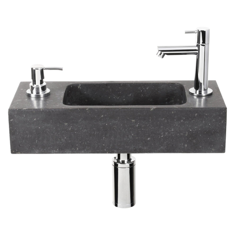 Differnz Sapon Set lave-mains 42x18.5x9cm 1 trou de robinet avec robinet, siphon et bonde rectangulaire pierre naturelle Noir SW373099