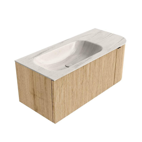 MONDIAZ KURVE-DLUX Meuble de salle de bains 105cm arrondi à droite couleur Chêne avec 1 tiroir et 1 porte. Lavabo BIG SMALL à gauche sans trou de robinet Meli. SW1431565