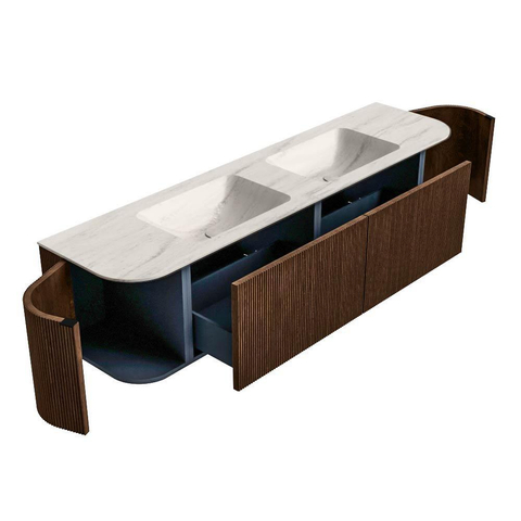 MONDIAZ KURVE-DLUX 180cm badmeubel ronding Links + Rechts kleur Walnut met 2 lades en 2 deuren. Wastafel LEAF Dubbel 2 kraangaten Meli. SW1431726