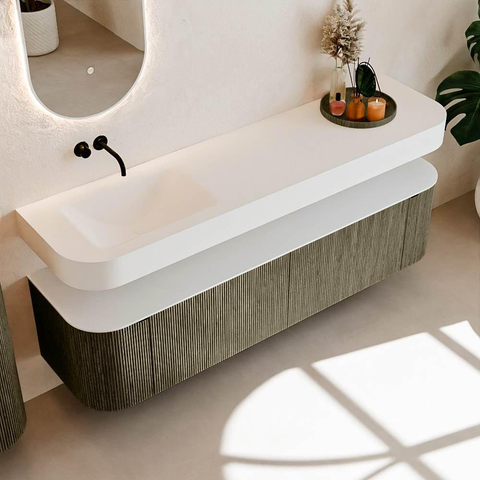 MONDIAZ THOR 180cm meuble de salle de bains arrondi gauche + droite couleur Shadow avec 2 tiroirs et 2 portes. Vasque suspendue CLOUD Gauche sans trou de robinet couleur Talc. SW1466062