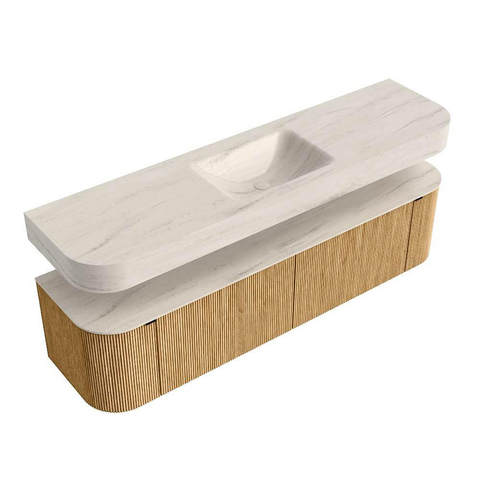 MONDIAZ THOR-DLUX 180cm meuble de salle de bains arrondi gauche + droite couleur Oak avec 2 tiroirs et 2 portes. Vasque suspendue CLOUD Milieu sans trou de robinet couleur Meli. SW1466150