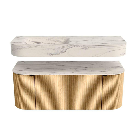 MONDIAZ THOR-DLUX 120cm badmeubel ronding links + rechts kleur Oak met 1 lade en 2 deuren. Vrijhangende wastafel CLOUD Links 1 kraangat kleur Nata. SW1463364