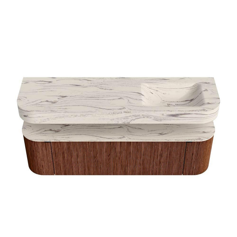 MONDIAZ THOR-DLUX 160cm meuble de salle de bains arrondi gauche + droite couleur Ruby avec 1 tiroir et 2 portes. Vasque suspendue CLOUD Droite sans trou de robinet couleur Nata. SW1465279