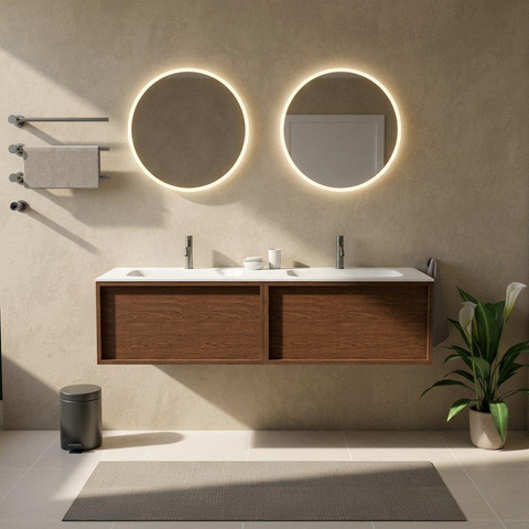 Saniclass Holz Frame Ensemble de meubles de salle de bains - 160x45x41.5cm - lavabo Flow en solid surface blanc - 2 vasques - 2 trous de robinetterie - 2 tiroirs - mat walnut pure (bois) SW1478462