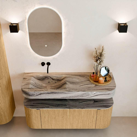 MONDIAZ THOR-DLUX 130cm badmeubel ronding links + rechts kleur Oak met 1 lade en 2 deuren. Vrijhangende wastafel CLOUD Links zonder kraangat kleur Sombra. SW1464052