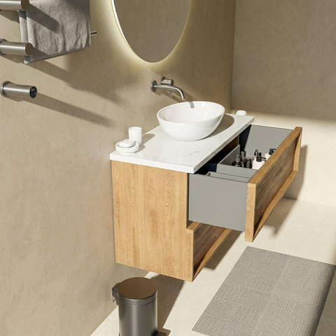 Saniclass Holz Frame Badkamermeubelset - 100x45x63cm - Dia marmeren wastafelblad gepolijst (wit) - zonder kraangat - 2 lades - mat eiken natural (hout) SW1579957