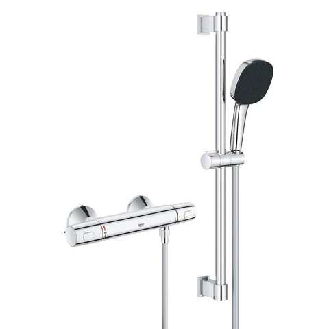 GROHE Precision Trend Ensemble de douche - robinet de douche thermostatique - avec ensemble barre de douche - 60cm - douchette à main carrée - 1 type de jet - flexible de douche lisse - chrome SW1028103