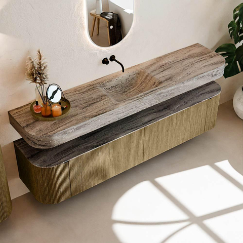 MONDIAZ THOR-DLUX 200cm meuble de salle de bains arrondi gauche + droite couleur Dusk avec 2 tiroirs et 2 portes. Vasque suspendue CLOUD Milieu sans trou de robinet couleur Oza. SW1467190