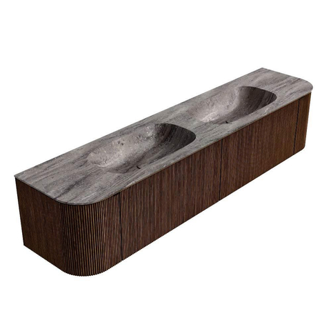 MONDIAZ KURVE-DLUX 200cm badmeubel ronding Links + Rechts kleur Walnut met 2 lades en 2 deuren. Wastafel STOR SMALL Dubbel 2 kraangaten Oza. SW1432496
