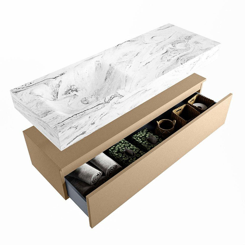 Mondiaz ALAN-DLUX Ensemble de meuble - 130cm - meuble Oro mat - 1 tiroir - Lavabo Cloud Glace suspendu - vasque Gauche - 0 trous de robinet SW806377