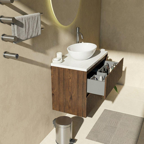 Saniclass Holz Atelier Badkamermeubelset - 80x45x63cm - Dia marmeren wastafelblad gepolijst (wit) - 1 kraangat - 2 lades - mat eiken charcoal (hout) SW1478343