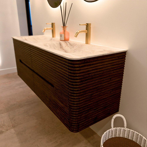 Mondiaz CIRO-DLUX Badkamermeubelset - 140x45x50cm - Solid surface wastafel Frappe - 2 wasbak Dubbel - 2 kraangaten - 4 lades - Walnut SW1530295