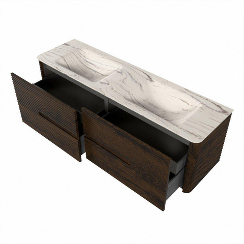 Mondiaz CIRO-DLUX Badkamermeubelset - 160x45x50cm - Solid surface wastafel Nata - 2 wasbak Dubbel - 2 kraangaten - 4 lades - Walnut SW1530571