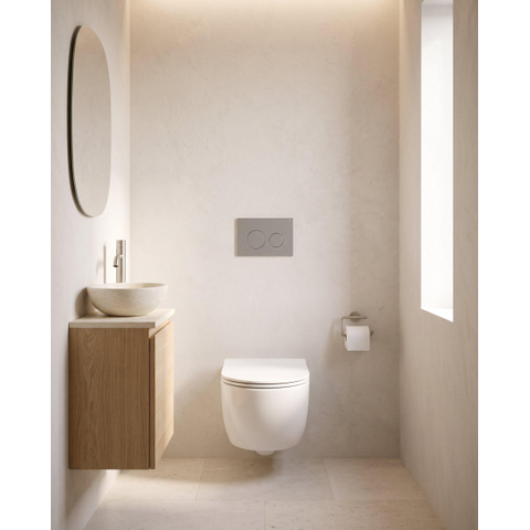 QeramiQ Dely Swirl Ensemble WC - 36.3x51.7cm - réservoir encastré Geberit UP320 - avec cadre Burda - abattant slim - plaque de commande gris clair - boutons ronds - blanc brillant SW1164796