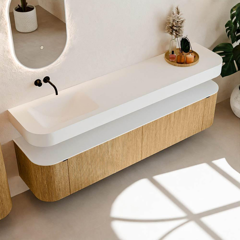 MONDIAZ THOR Meuble de salle de bains - 200cm - arrondi gauche + droite - couleur Oak - 2 tiroirs - 2 portes - Vasque suspendue CLOUD Gauche sans trou de robinet - couleur Talc SW1466930