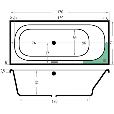 Xenz Aruba Ligbad - 170x75x48 - afvoer Midden - overloop andere kant - acryl - wit mat SW378286